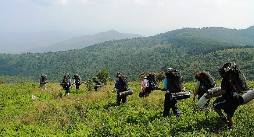 A group of backpackers hike across green terrain in a mountainous landscape. 